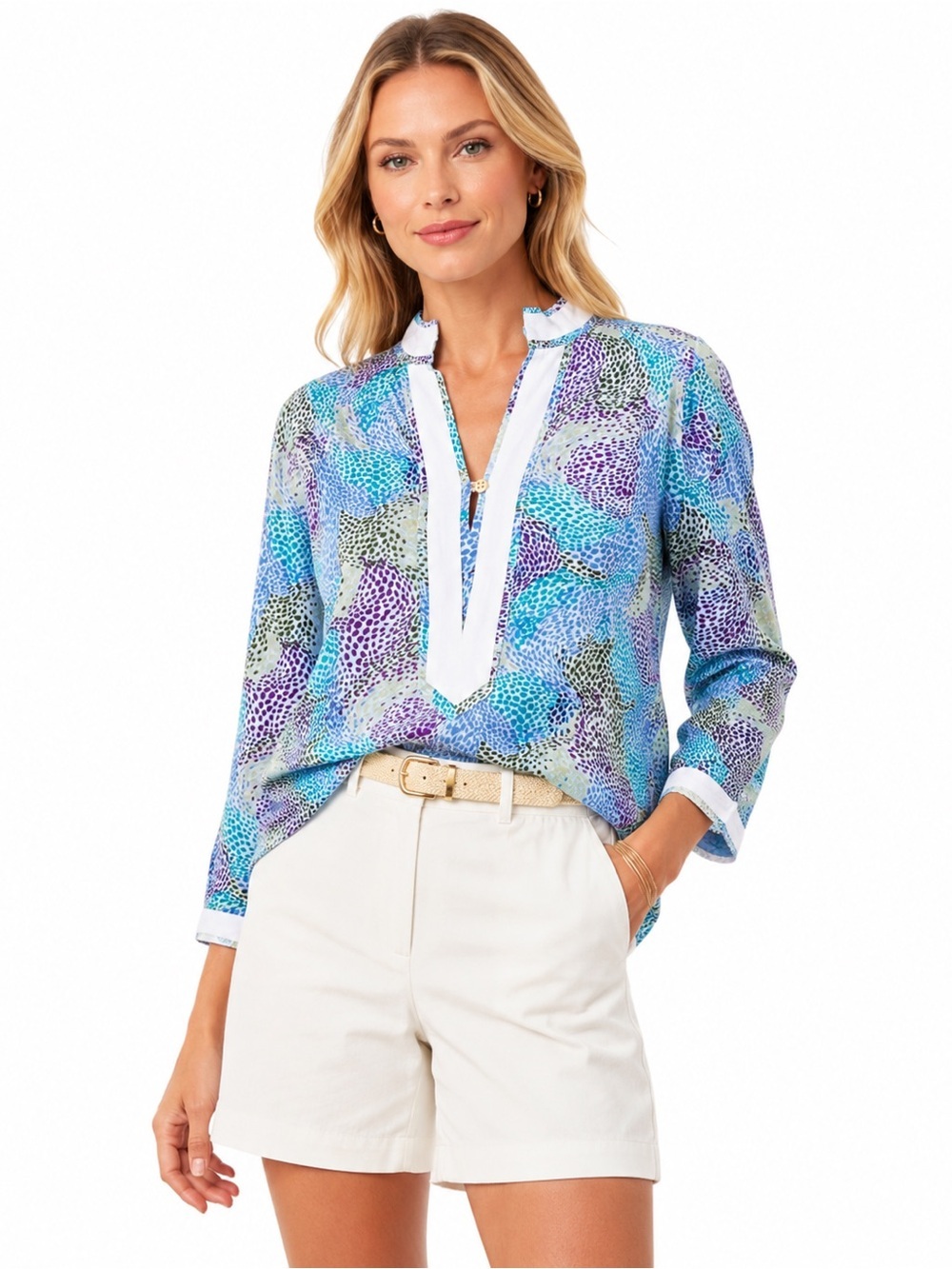 Peter Millar Womens Vibrant Coastal Print Tunic Top M Bohemian Chic 3/4 Sleeve